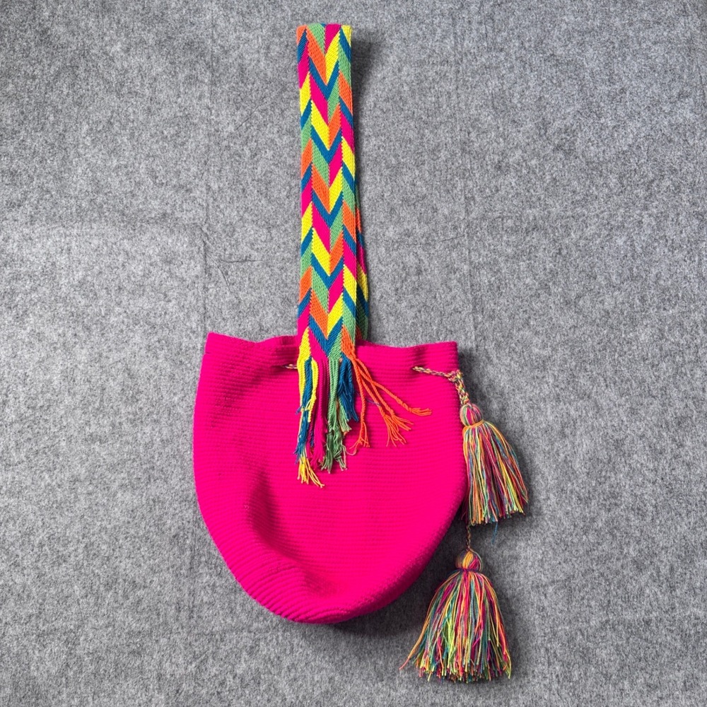Wayuu Style Hot Pink Handmade Mochila Bag Rainbow Chevron Strap Tassels Boho